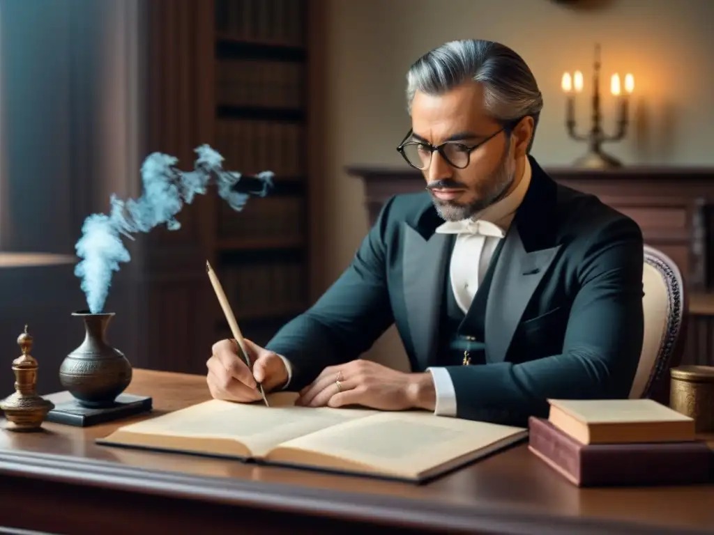 Tomás de Iriarte inmerso en su escritura, rodeado de plumas y pergamino, reflejando la esencia de la fábula neoclásica