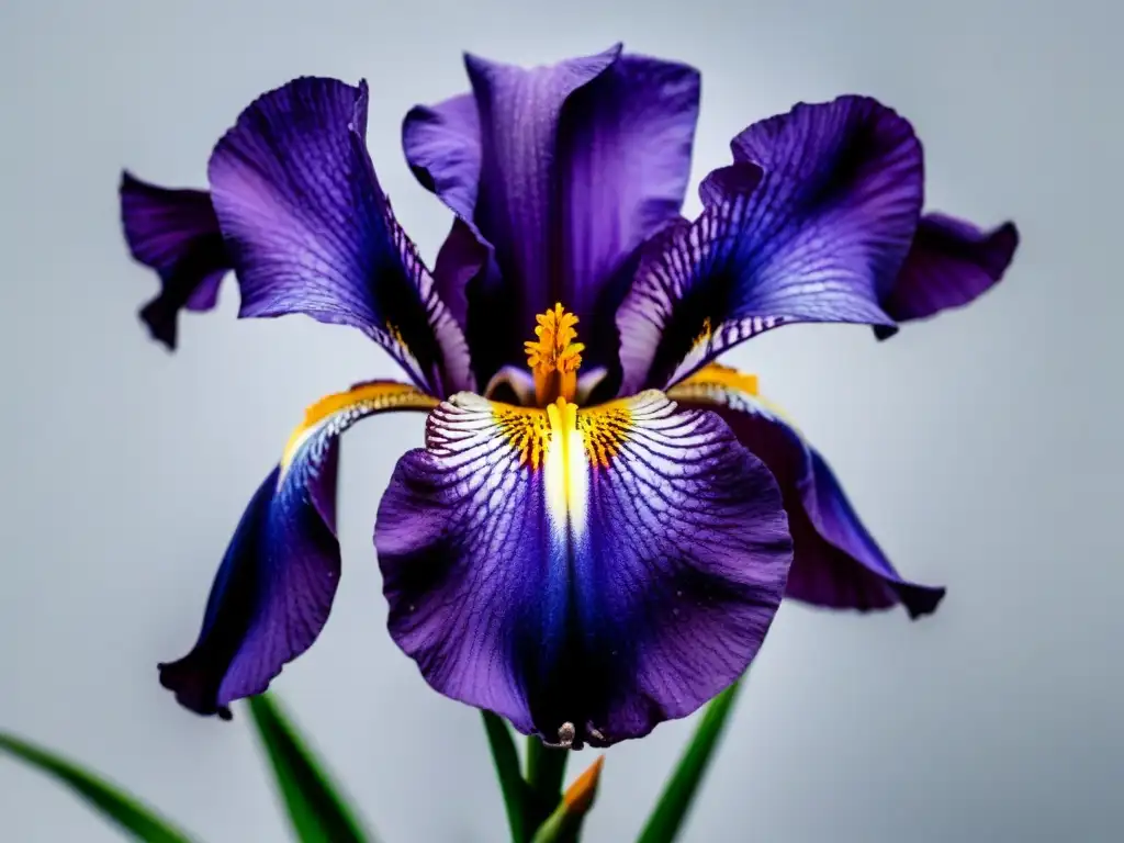 Un iris negro en floración, detalle ultradetallado, simbolizando la poesía lírica, transformador visionario de Baudelaire