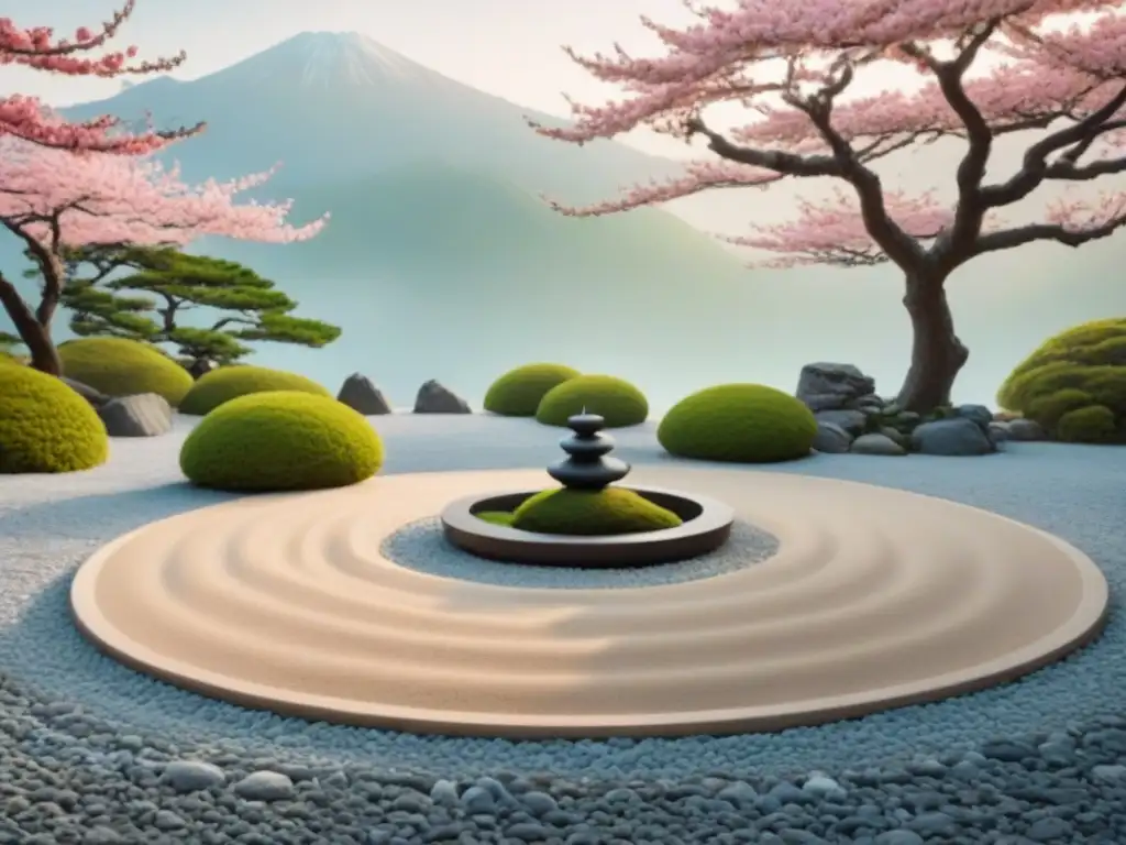 Un jardín zen japonés intrincado y sereno con grava cuidadosamente rastrillada, formaciones rocosas asimétricas y un único cerezo en flor en el centro, simbolizando la armoniosa intersección entre poesía y filosofía oriental