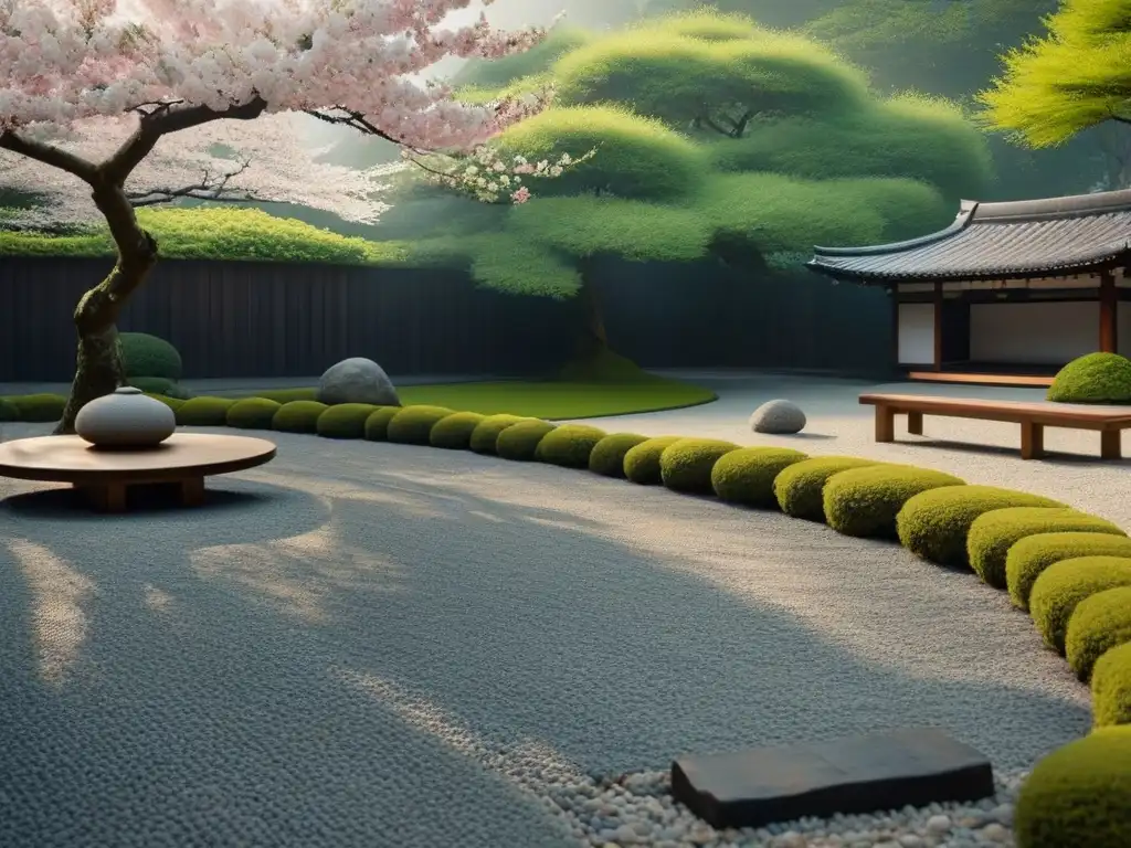 Un jardín japonés sereno con banco de madera bajo un cerezo en flor, inspirado en la poesía introspectiva de Philip Whalen monje poeta