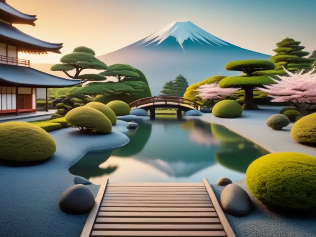 Un jardín japonés sereno con bonsáis, estanque de carpas koi y puente de madera, reflejando la poesía japonesa contemporánea influencia