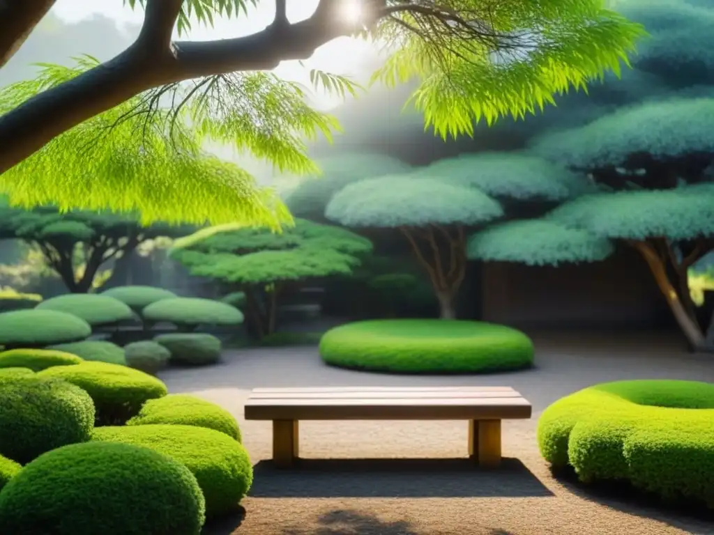 Un jardín japonés sereno con exuberante vegetación, sendero de piedra, banco de madera bajo un sauce, luz filtrada entre las hojas