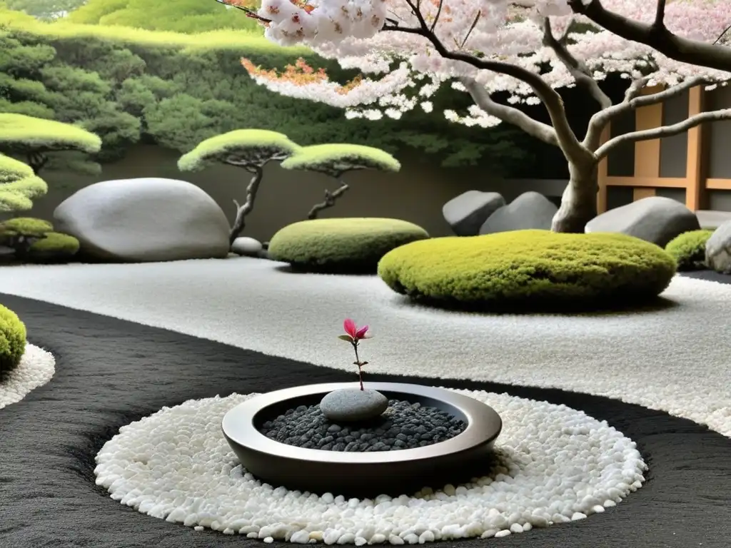 Un jardín japonés sereno con un haiku integrado, transmite la esencia de la poesía moderna