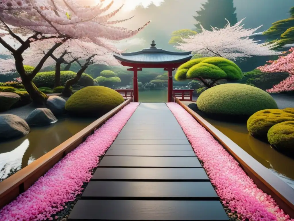 Un jardín japonés sereno con un puente de madera rodeado de cerezos en flor, reflejando la armonía zen y la poesía de Gary Snyder