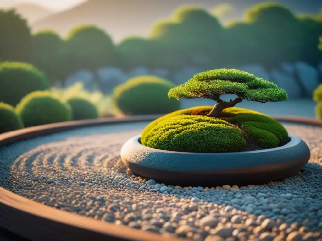 Un jardín zen japonés tradicional con gravilla rastrillada, rocas cubiertas de musgo y un bonsái al atardecer