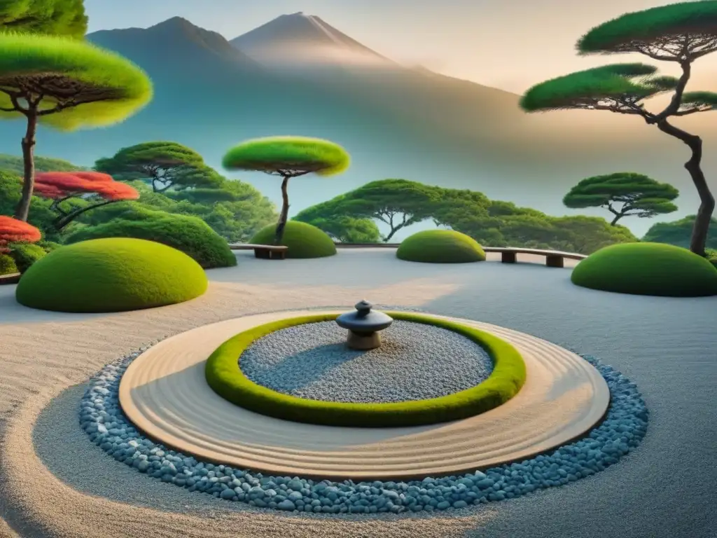 Un jardín Zen japonés tranquilo y equilibrado, rodeado de exuberante vegetación y rocas estratégicamente ubicadas