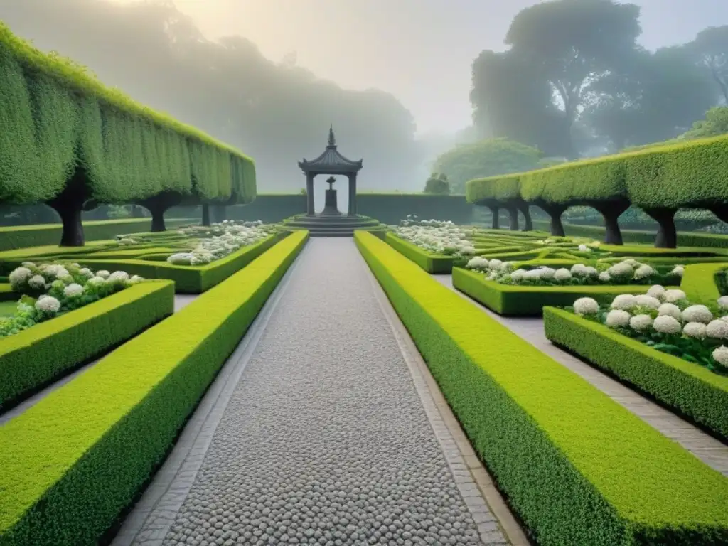 Un jardín sereno en blanco y negro con versos poéticos en estatuas de piedra