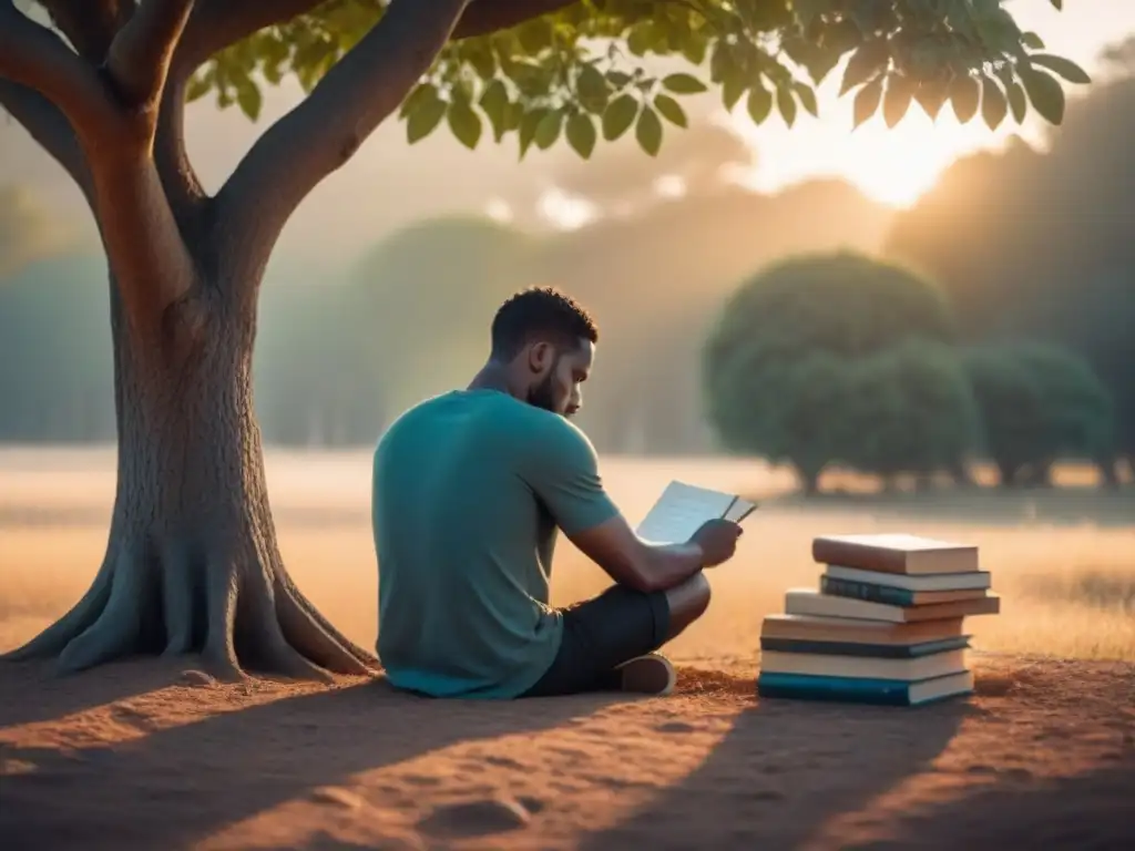 Joven africano escribiendo poesía bajo un árbol al atardecer, reflejando el impacto de la poesía en identidades juveniles