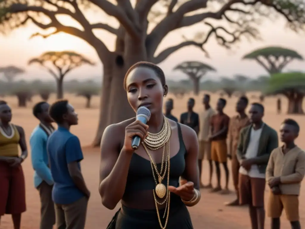 Un joven africano recitando apasionadamente poesía bajo un baobab al atardecer, conectando identidades juveniles con el impacto de la poesía