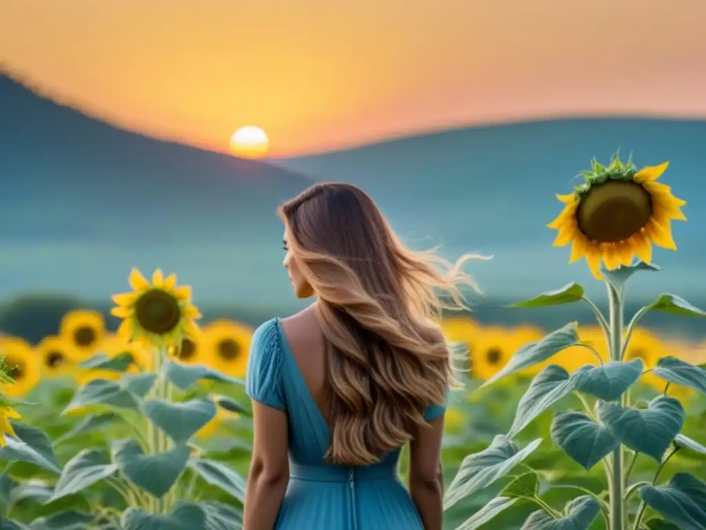 Una joven en un campo de girasoles al atardecer, sosteniendo una flor