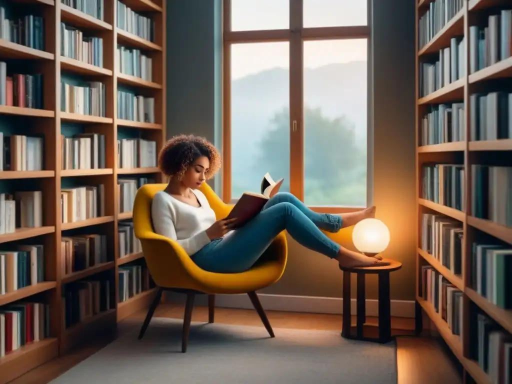 Una joven disfruta de la lectura en un rincón acogedor, rodeada de libros de poesía