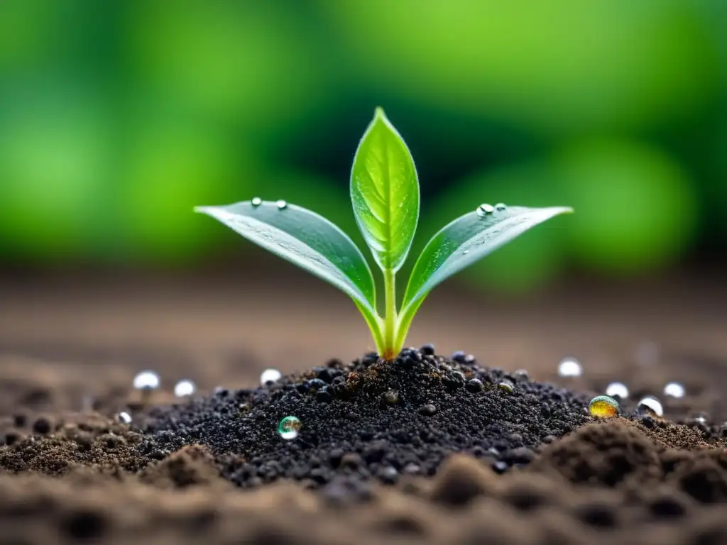 Joven plantita verde emerge de la tierra oscura con gotas de agua