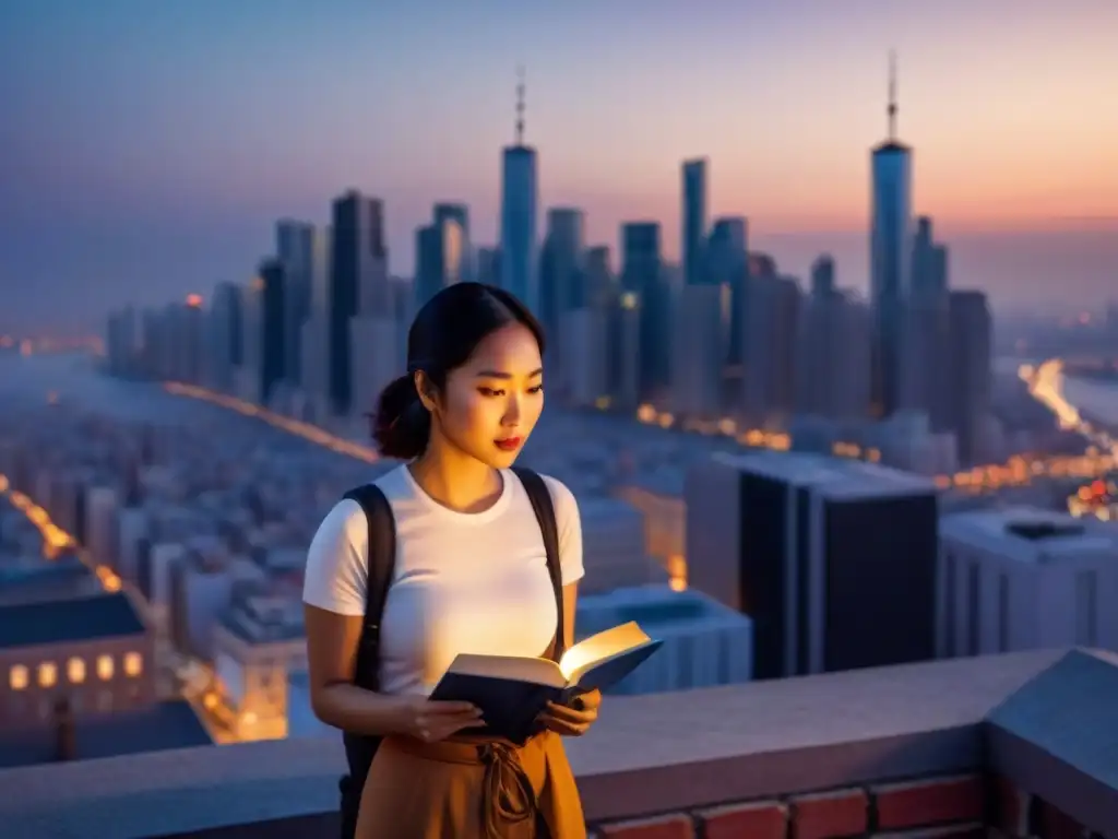 Una joven poeta en un tejado urbano al atardecer, rodeada de luces de la ciudad