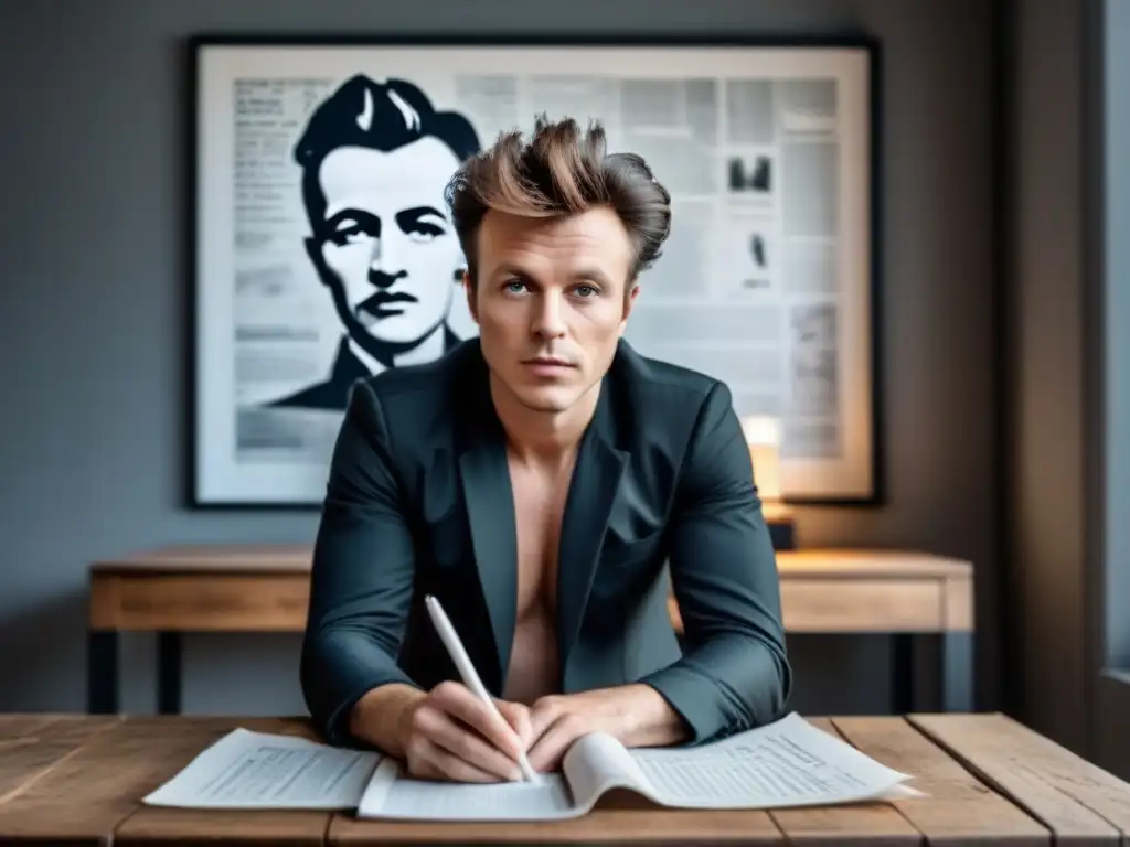 Joven Arthur Rimbaud en su evolución surrealista, absorto en creatividad poética