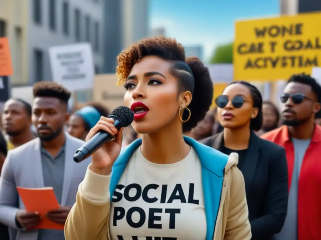 Jóvenes poetas activismo lírico recitan poesía en protesta pacífica con carteles coloridos y mensajes poderosos
