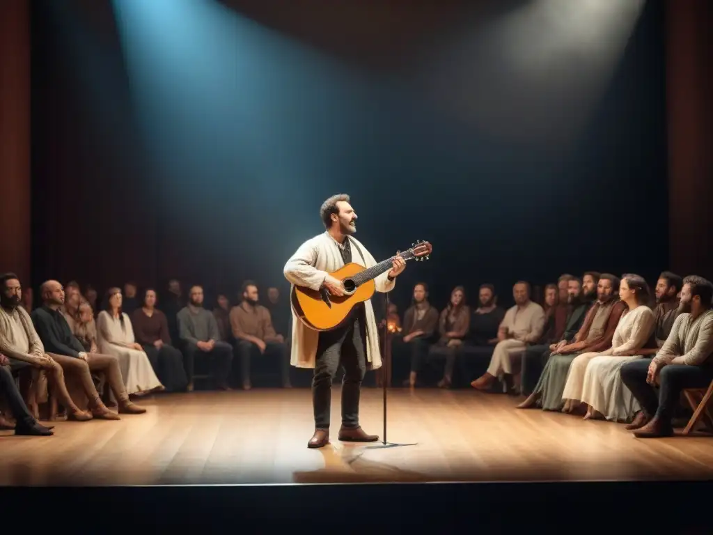 Un juglar medieval cautiva a su diversa audiencia en un escenario minimalista bajo un foco único