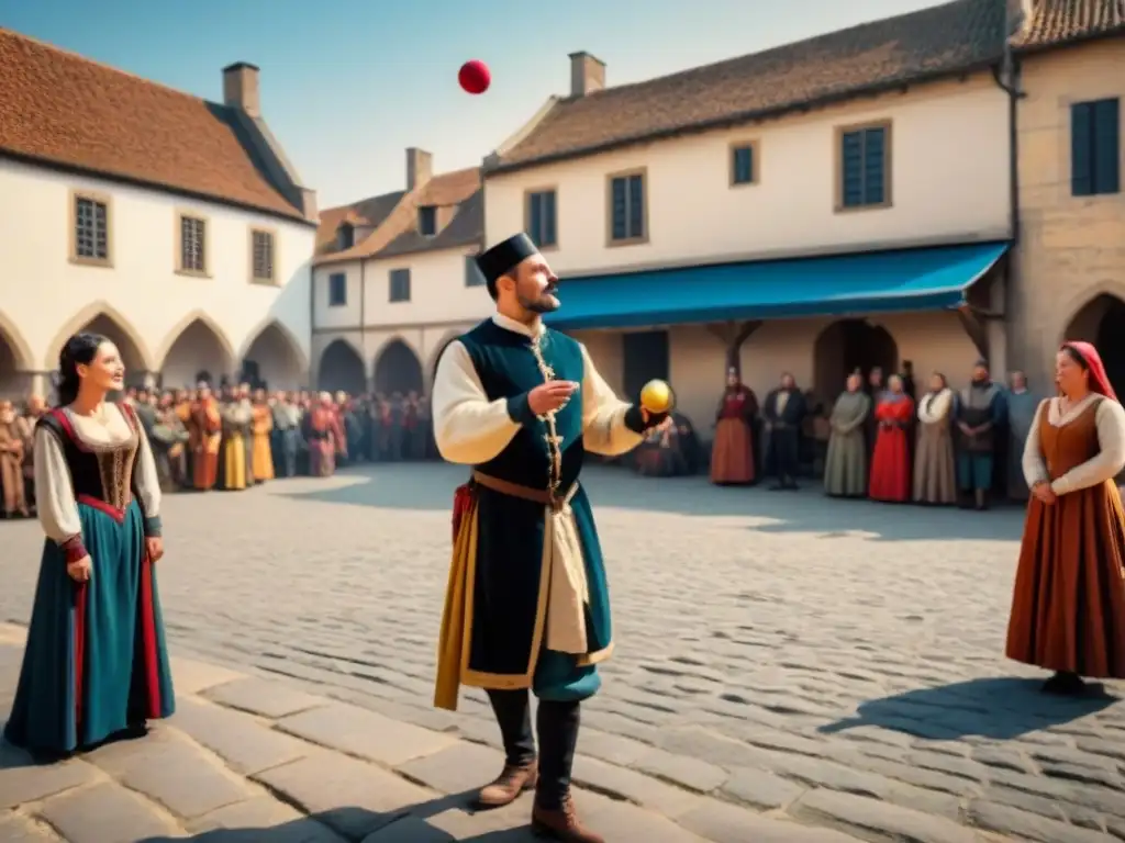 Un juglar medieval cautiva a la multitud con su destreza en la plaza del pueblo