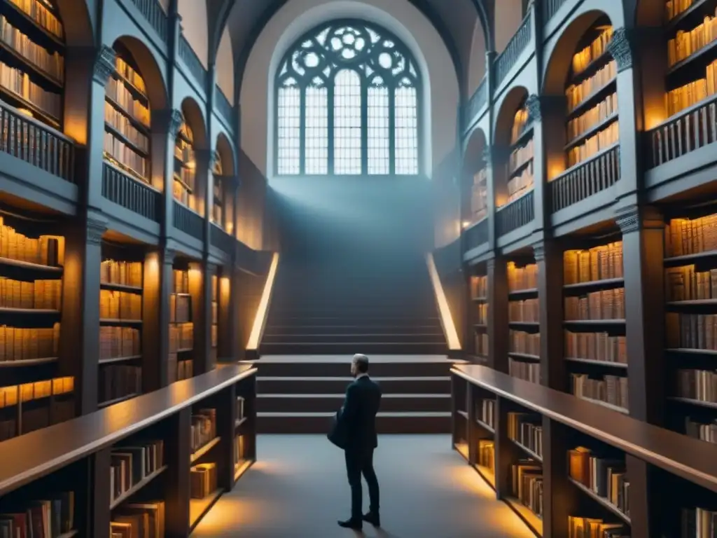 Un laberinto de biblioteca con libros antiguos y escaleras, iluminado por luz suave y vitrales, evocando el Simbolismo en literatura europea