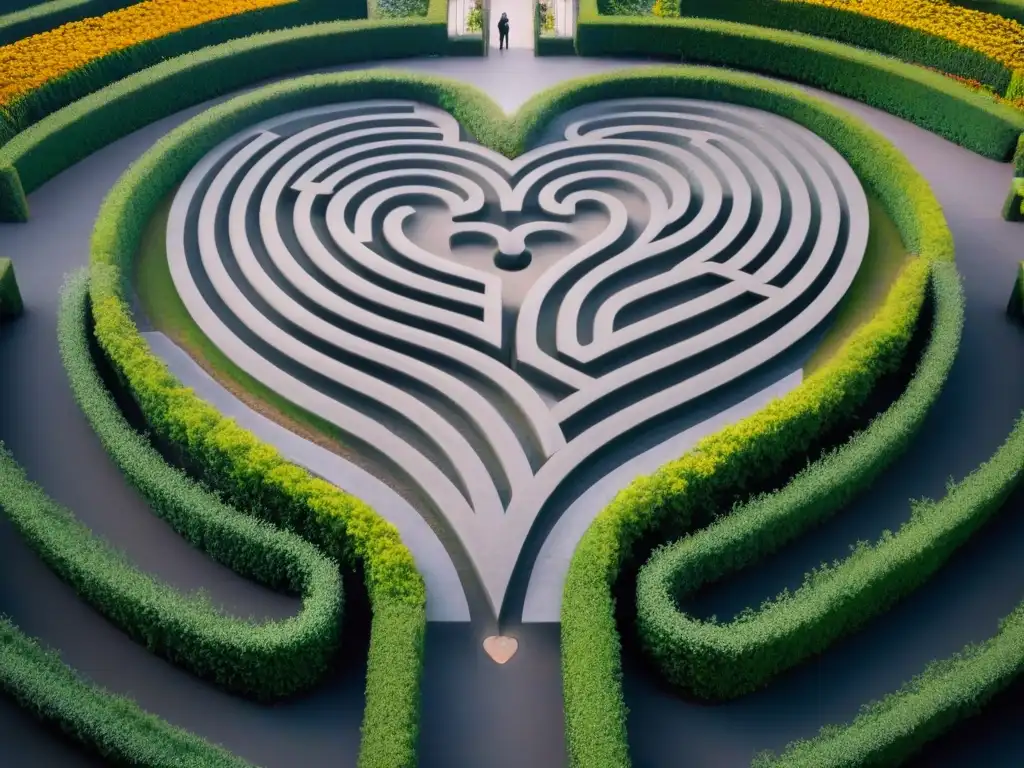 Un laberinto en forma de corazón rodeado de plantas y flores, simbolizando la poesía terapéutica para el corazón