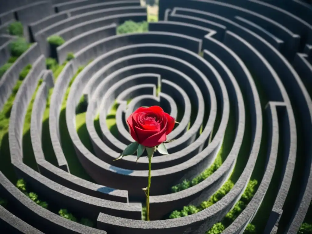 Un laberinto de rosas rojas entrelazadas simbolizando la complejidad del amor en la poesía