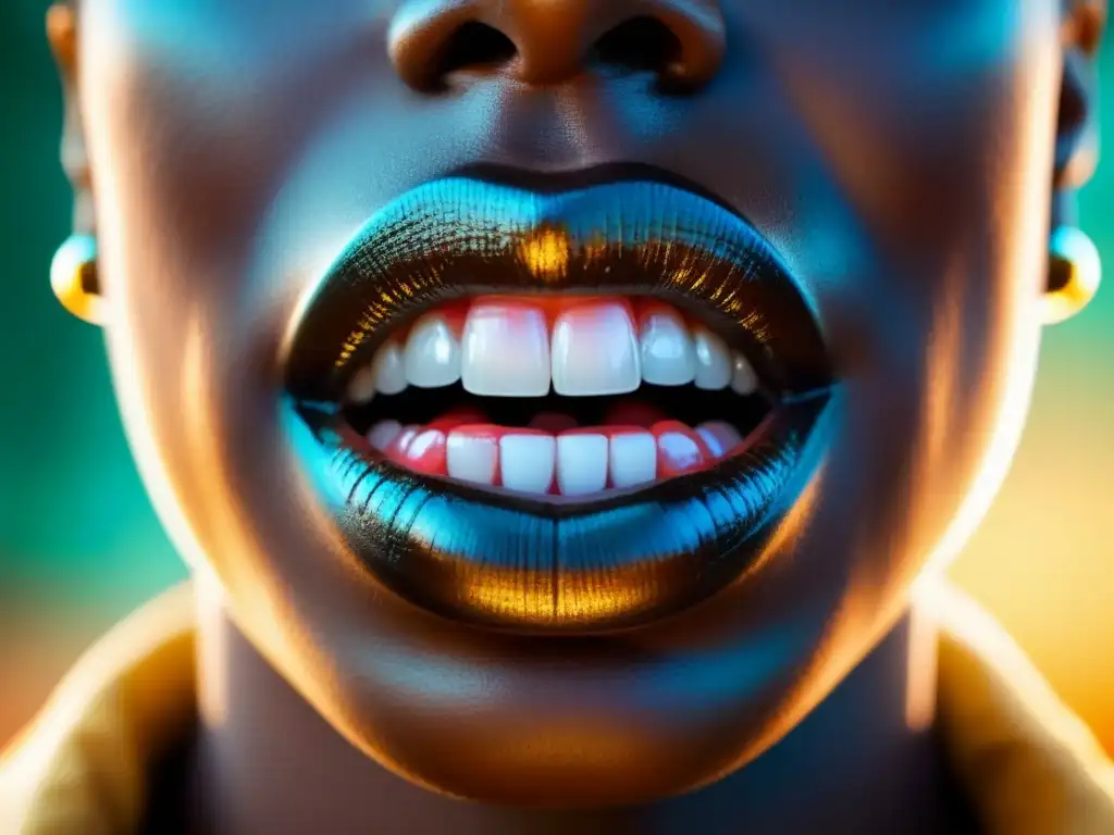 Labios pintados con patrones tribales africanos, simbolizando el poder y la belleza de las mujeres poetas de África