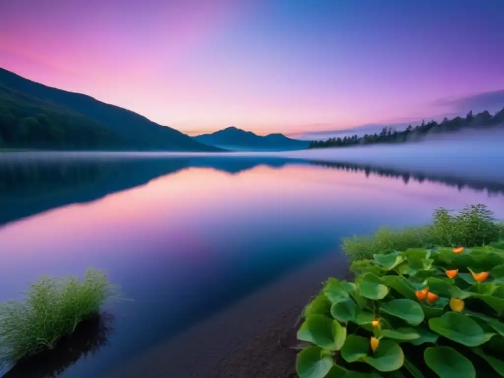 Un lago en forma de corazón reflejando un cielo pastel al atardecer