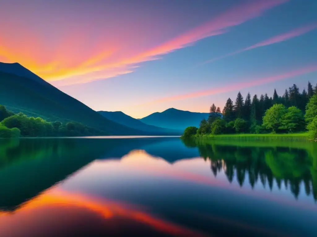 Un lago sereno refleja un atardecer vibrante entre árboles verdes y montañas, evocando paz y contemplación, poder terapéutico de escribir poesía