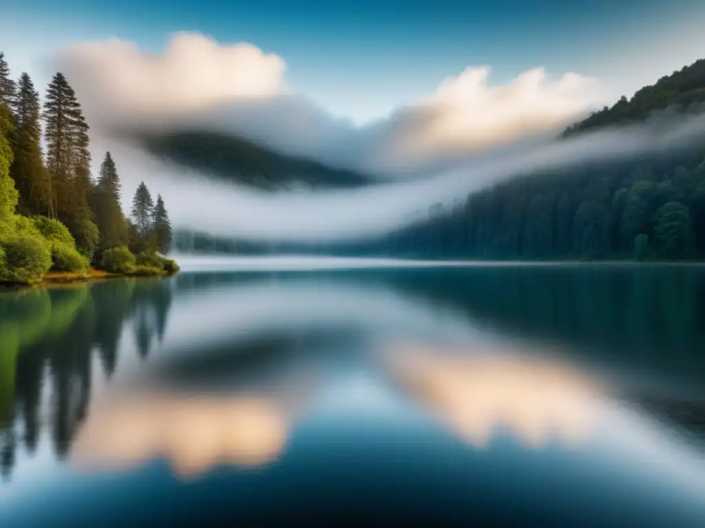 Un lago sereno reflejando un bosque exuberante bajo un cielo azul, poesía como expresión natural