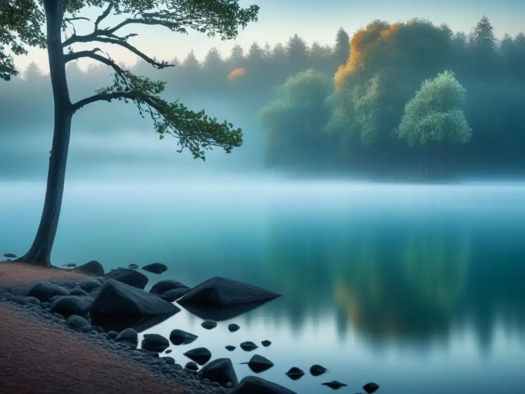 Un lago sereno al amanecer, con bruma y árboles altos en quietud