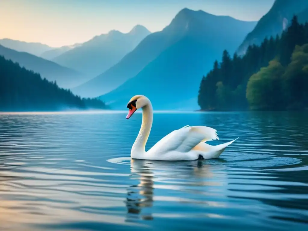 Un lago sereno reflejando un cielo azul con un elegante cisne, simbolizando introspección a través de la poesía transformadora