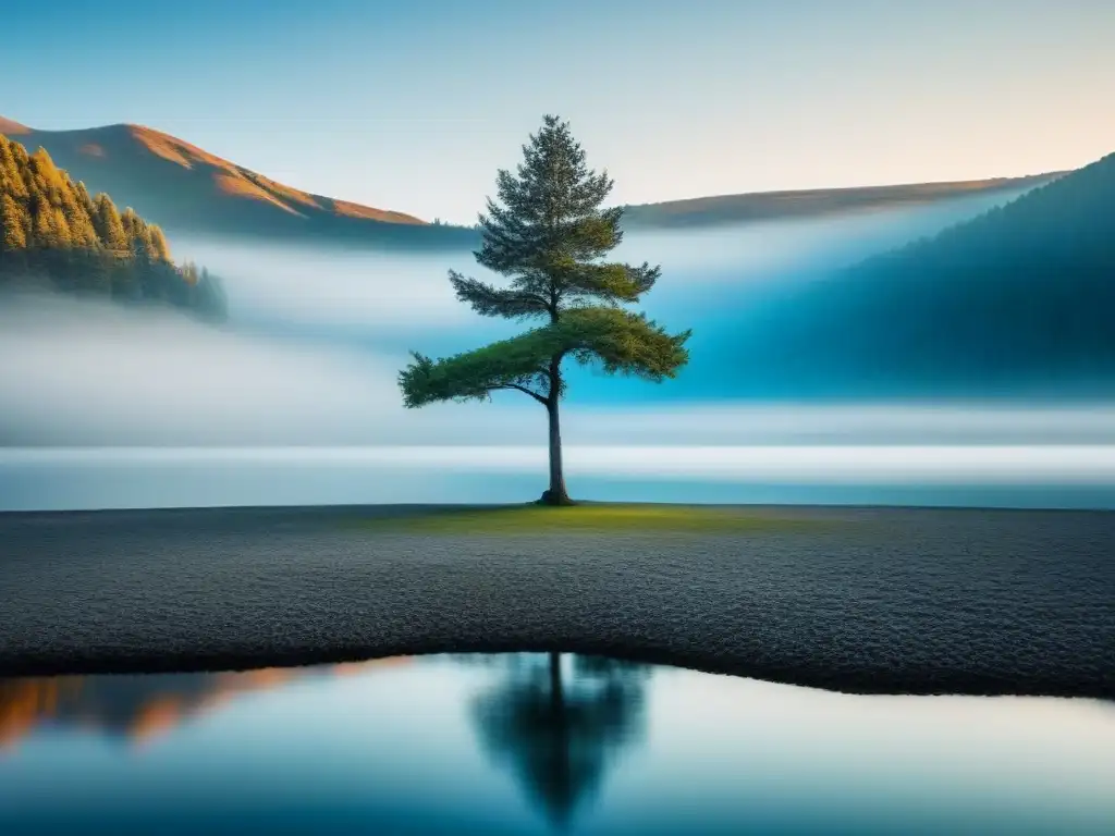 Un lago sereno refleja un cielo azul, con un árbol solitario en la orilla