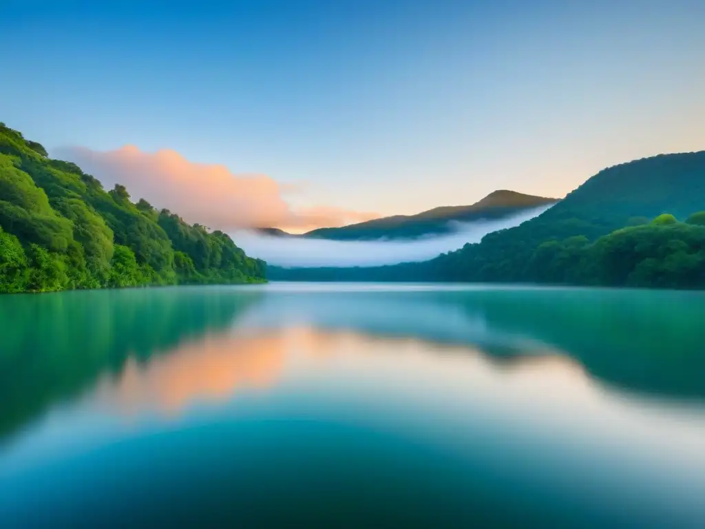 Un lago sereno reflejando un cielo azul, rodeado de árboles verdes