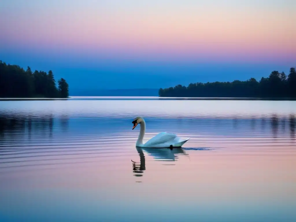 Un lago sereno al anochecer refleja los colores pastel del cielo, con un cisne solitario deslizándose graciosamente por el agua, evocando sensaciones a través de la poesía