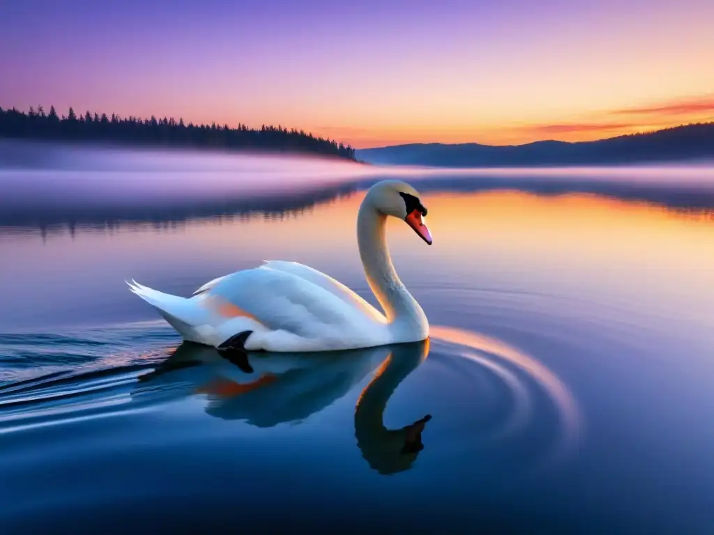 Un lago sereno refleja los colores vibrantes del atardecer, con un cisne solitario creando una sensación de paz y reflexión, poder transformador de palabras poesía ensayos