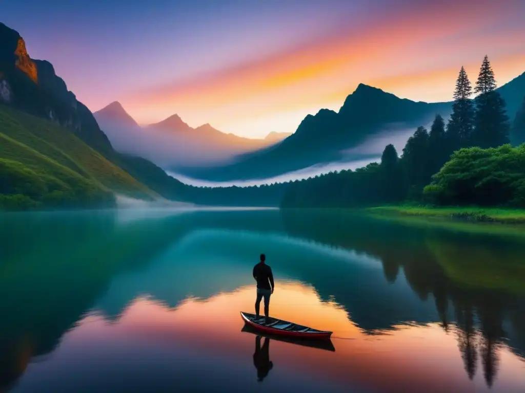 Un lago sereno envuelto en niebla refleja un atardecer vibrante, rodeado de exuberante naturaleza y montañas