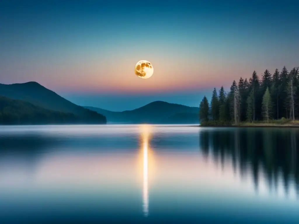 Un lago sereno refleja la luna llena y estrellas en un cielo estrellado, creando paz y transformación a través de la poesía