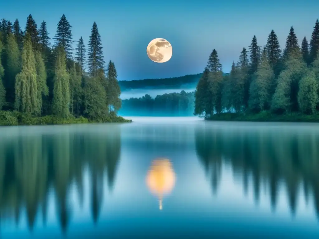 Un lago sereno refleja la luna llena en el cielo nocturno, rodeado de altos árboles frondosos, inspirando transformación a través de la poesía