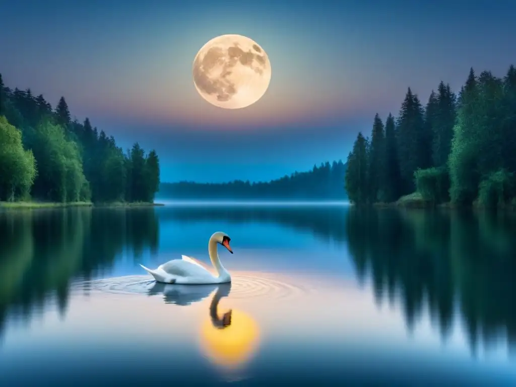 Tranquilidad nocturna: lago sereno con luna llena y cisne Un lago sereno refleja la luna llena en un cielo estrellado, con un cisne solitario