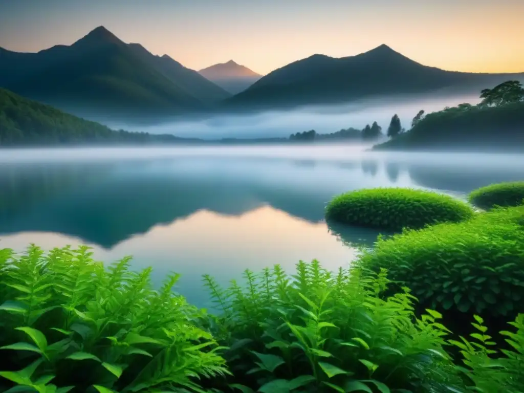 Un lago sereno al amanecer, reflejando la luz del día entre verdes y montañas