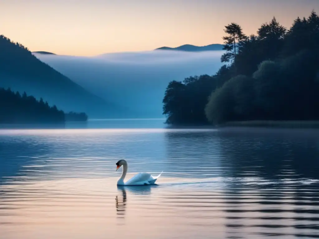 Un lago sereno refleja la luz de la luna con un cisne solitario, creando ondas al compás de una melodía silente