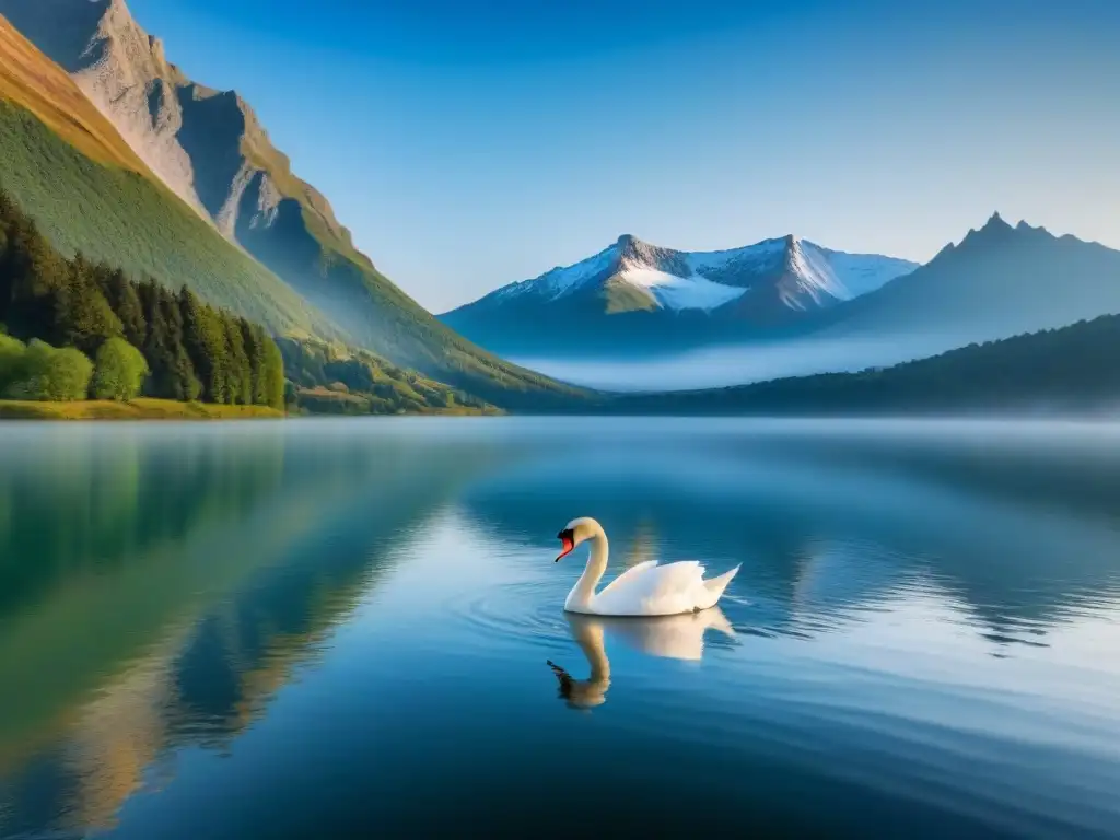 Un lago sereno reflejando una montaña nevada bajo un cielo azul, con un cisne solitario y la importancia de la naturaleza y la poesía de Wordsworth