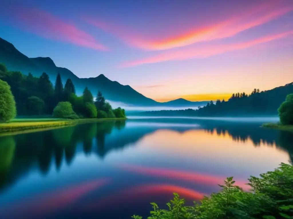 Un lago sereno refleja un vibrante atardecer, rodeado de árboles verdes y montañas