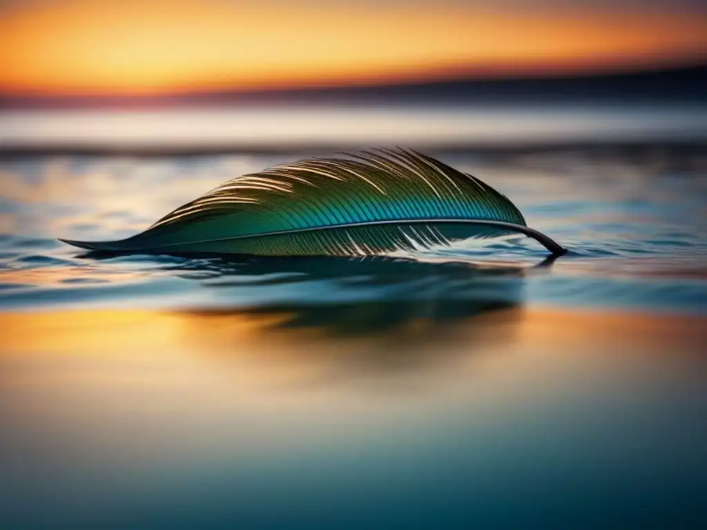 Un lago sereno reflejando un vibrante atardecer, con una pluma flotando