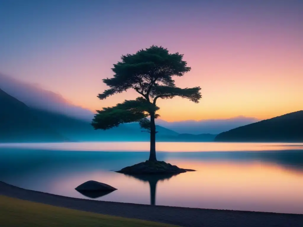 Un lago sereno reflejando un vibrante atardecer, con un árbol solitario en la orilla