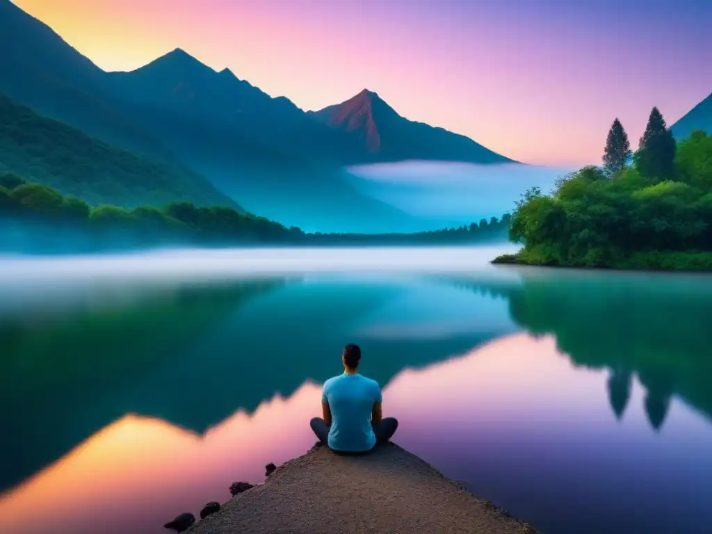 Un lago tranquilo reflejando el atardecer, rodeado de árboles verdes y montañas distantes