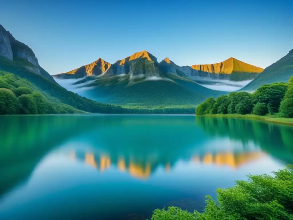 Un lago tranquilo reflejando el cielo azul, rodeado de árboles verdes y montañas