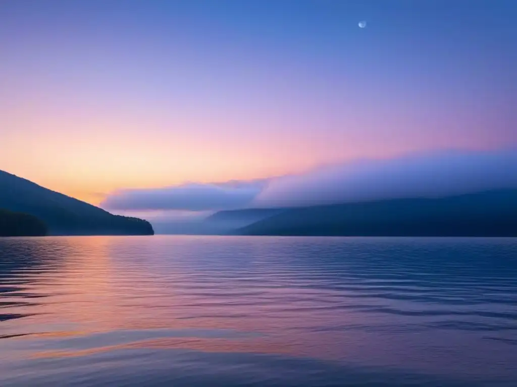 Un lago tranquilo reflejando los colores vibrantes del atardecer, con una hoja flotando