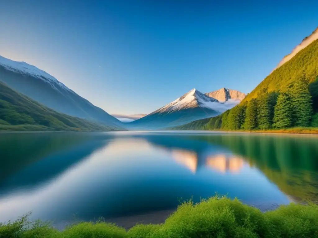 Un lago tranquilo reflejando una majestuosa montaña nevada bajo un cielo azul, rodeado de exuberante vegetación