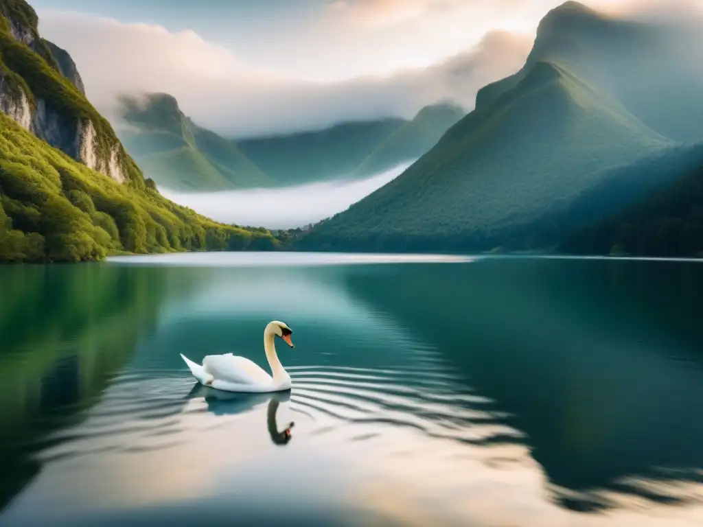 Un lago tranquilo reflejando montañas, con un cisne solitario, simbolizando la poesía como espejo del mundo