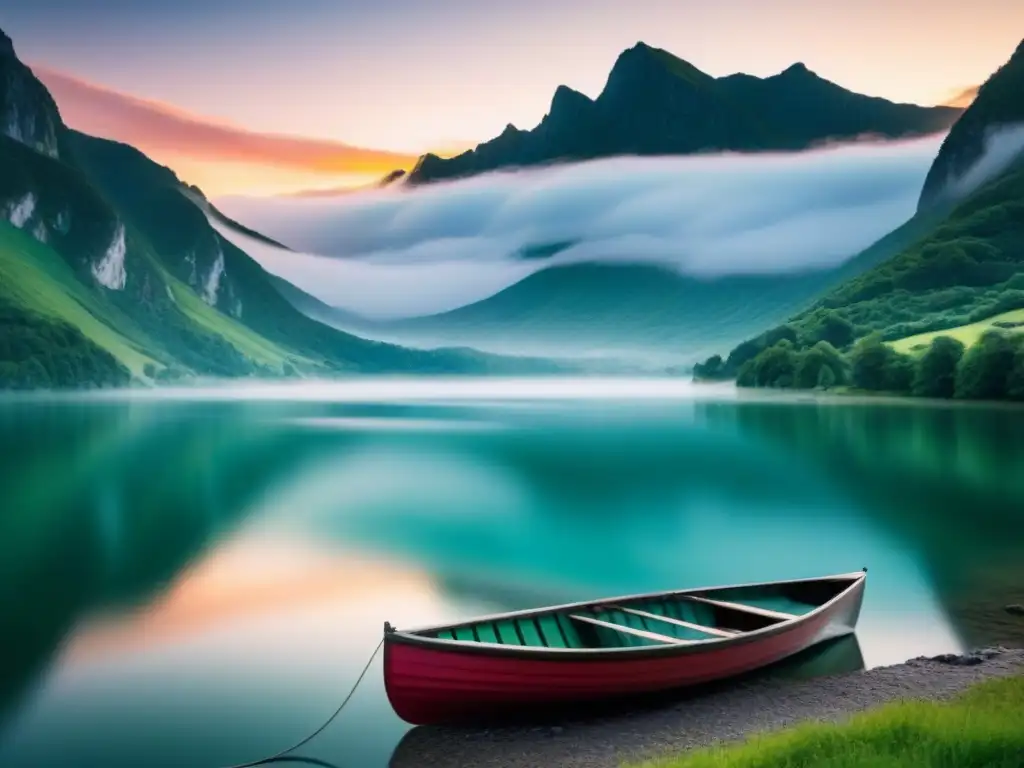 Tranquilidad al atardecer: lago sereno entre montañas Un lago tranquilo entre montañas verdes, reflejando el atardecer, con una barca en el agua